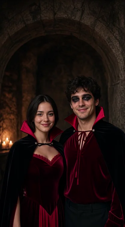 Couple wearing matching crimson and black vampire costumes in a candlelit stone archway