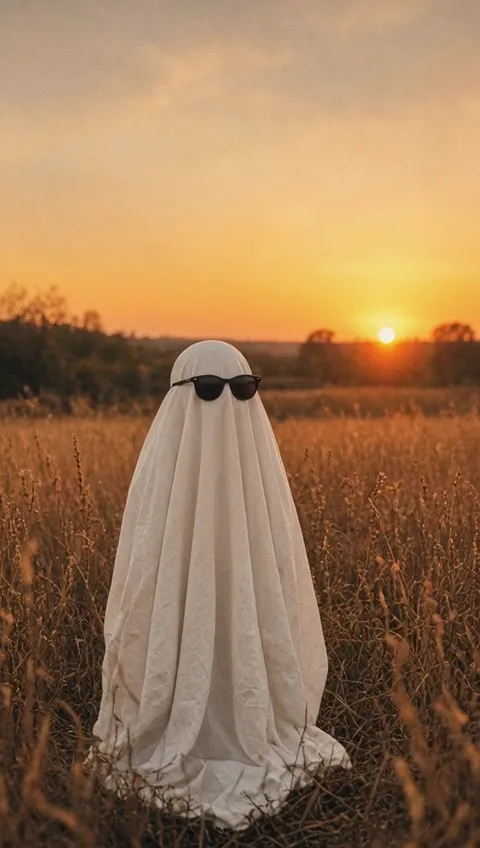 Playful ghost photoshoot with a white sheet costume and Halloween atmosphere