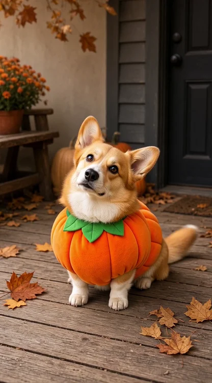 Dog wearing a soft pumpkin costume in a warm autumn Halloween setting