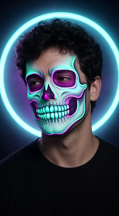 Neon skeleton makeup in cyan and magenta with a glowing circular backdrop