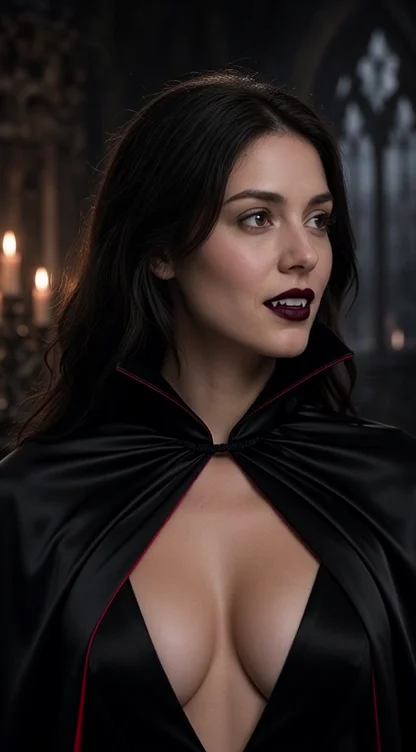 Halloween vampire portrait in a dark velvet costume with dramatic cinematic lighting