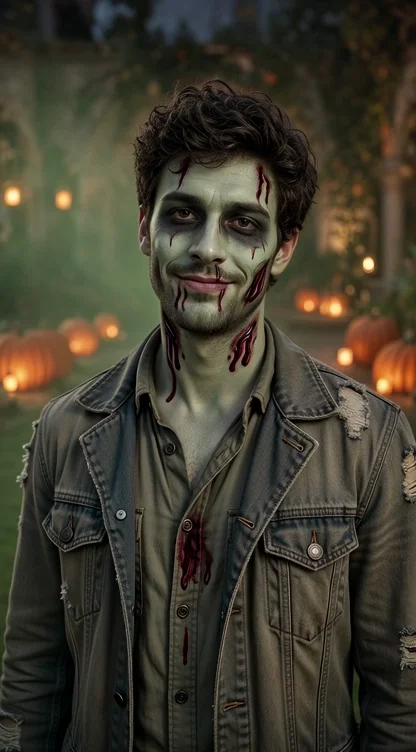 Cinematic Halloween zombie portrait with theatrical makeup and moody green lighting